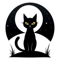 A black cat sitting on a hill with the moon in the background vector