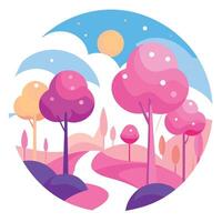 A cartoon illustration of a forest with trees and a path vector