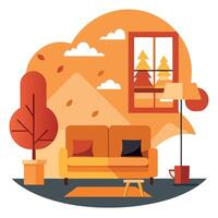 Autumn living room with sofa, lamp, tree and window vector