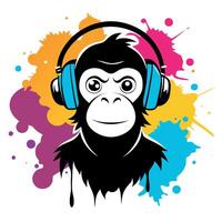 Monkey with headphones on a colorful background vector