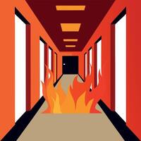A fire is burning in a hallway in an office building vector