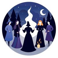 Three witches are standing in front of a campfire vector
