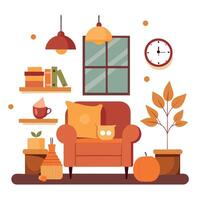 Autumn living room with orange sofa, clock, bookshelf and plants vector