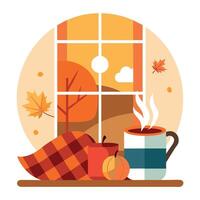 Autumn scene with autumn leaves, coffee cup, autumn leaves, autumn leaves, autumn leaves, vector