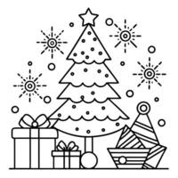 Abstract illustration of a christmas scene with a decorated christmas tree and presents around it vector
