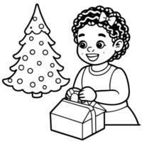 African american little girl opening christmas present in front of christmas tree vector