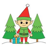 An adorable elf with Christmas gifts and merry christmas background with pine trees. vector
