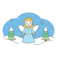 An enchanting scene starring a lovely angel in a snowy winter landscape Christmas card vector