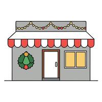 An exterior view of a physical store adorned with Christmas lights. wreaths vector