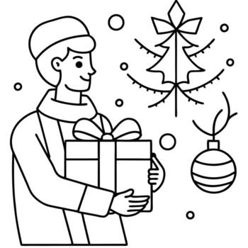 Anonymous person holding a wrapped present in front of christmas decorations created with technology vector