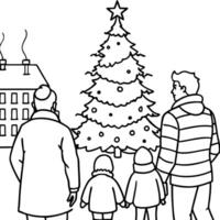 Back view of happy family looking at chistmas tree in the square of big city during Christmas time vector