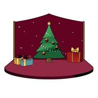 Backdrop for studio photo. christmas tree and gifts on burgundy background vector