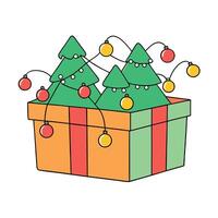 Background of Christmas tree lights and ornaments in a present box vector