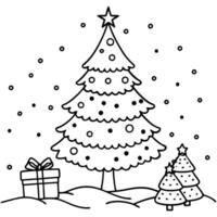 Beautiful Christmas tree in snow at night outside. lights and gifts - vector
