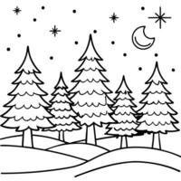 Beautiful illustration of a christmas landscape with trees at night illuminated by warm light vector