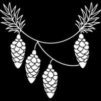 Black background with christmas lights and pine cones on it. vector