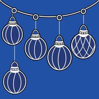 Blue christmas balls hanging from a string on a dark blue background. vector