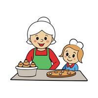 Caucasian grandmother baking cookies at Christmas with granddaughter. Festive baking vector