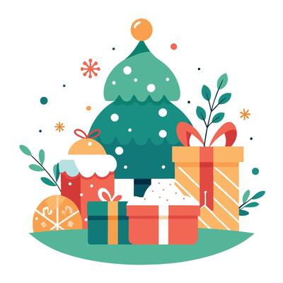 Christmas and New Year Holiday Background with Gifts and Greeting Card
