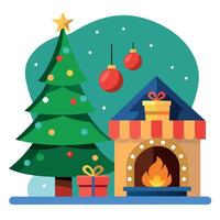 Christmas atmosphere. Christmas trees with lights next to the fireplace. ai vector