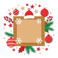 Christmas background with a wooden frame surrounded by christmas decorations in red and white vector