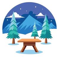 Christmas background with empty wooden table and blur snow forest background created with vector
