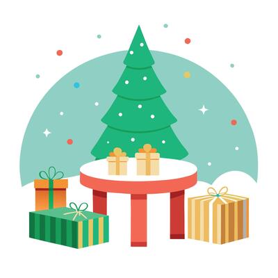 Christmas background with white table. christmas gifts and tree with copy space
