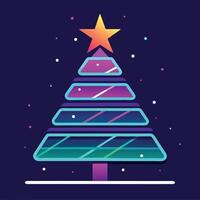 Christmas card with bright shiny neon color digital Christmas tree on dark background vector