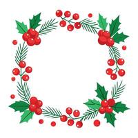Christmas card with red viburnum fir branches on white background with empty space to insert. vector