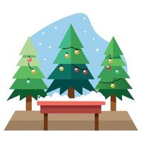 Christmas card with wood table top and blurred christmas trees with lights copy space vector