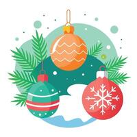 Christmas composition with snow and spruce branches and Christmas tree baubles. vector
