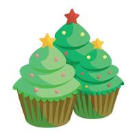 Christmas cupcakes decorated with green frosting and christmas tree. vector