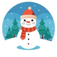 Christmas decoration with a cute cheerful snowman in the snow in a winter park with beautiful bokeh. vector