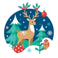Christmas deer in the snow with decorations. flowers and baubles. copy space vector