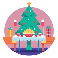 Christmas dinner table with Christmas tree on backgorund vector