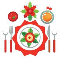 Christmas dinner table setting with red flower. top view vector