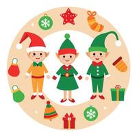 Christmas elves clothing and dolls arranged on a wooden background. empty space around them vector