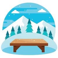 Christmas empty wooden table top for product display with winter wonderland background vector