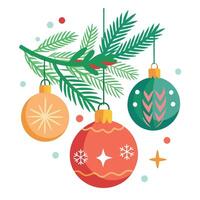 Christmas fir branches and decoration ornaments elements on background. vector