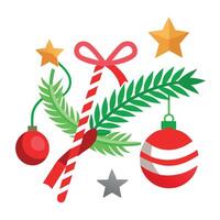 Christmas fir branches with red ribbon. Christmas ball. star and candy. vector