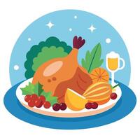Christmas fried cooked duck with fruits and potatoes on a stewed background. christmas concept vector