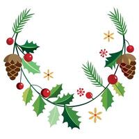 Christmas garland of evergreen tree pine and holly berries and cones on isolated white background vector