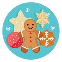 Christmas gingerbread and cookies with snowflakes on light blue background. vector