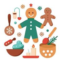 Christmas gingerbread cookies process of baking and decorating gingerbread men vector