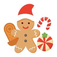 Christmas gingerbread cookies with candy and santa hat. watercolor illustration isolated vector
