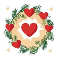 Christmas holiday evergreen pine branches and red hearts wood background with copy space vector
