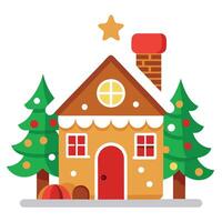Christmas house made from ginger cookies with in Christmas spirit with tree in background vector