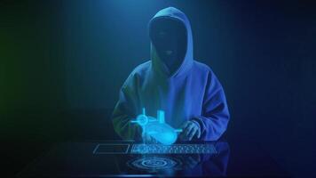 a cybercriminal hacker in a black mask hacks a Submarine video