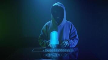 a cybercriminal hacker in a black mask hacks a nft sneaker video