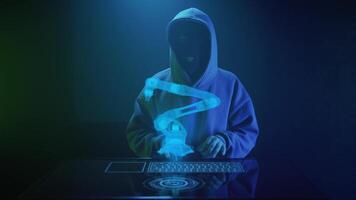 a cybercriminal hacker in a black mask hacks a robotic arm video